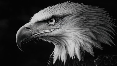 Close-up of a bald eagle, white feathers and bold stare contrasting with the black background, capturing elegance and strength.の素材