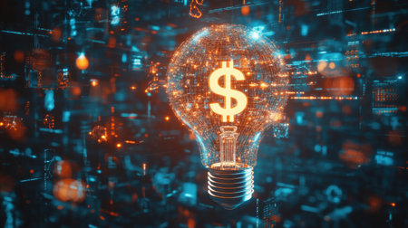 Digital illustration of lightbulb with dollar sign, symbolizing profitable ideas and growth. Concept for finance and business success.の素材