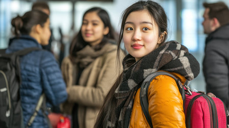 Diverse students with luggage at an airport, ready for international exchange experiences funded by scholarships.の素材