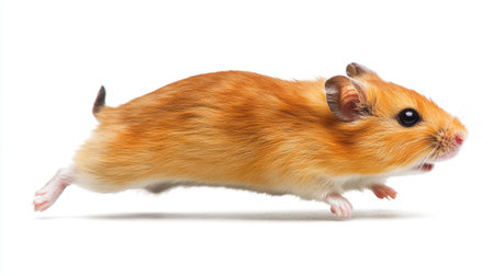 Hamster running in its wheel, white background enhancing the focus on the tiny pet playful and energetic movement.の素材