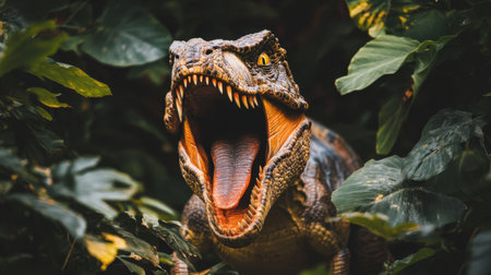 Ferocious T-rex with its mouth wide open, teeth bared, roaring fiercely, dynamic pose against a natural setting.の素材