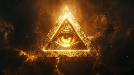 Eye of providence within a golden pyramid, glowing against dark background. Symbol of mystery, conspiracy, and symbolism.の素材
