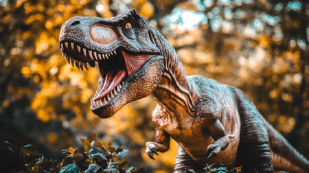 Dinosaur T-rex roaring with its mouth open wide, capturing strength and intensity, set against a prehistoric landscape.の素材