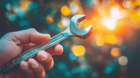 Hand gripping a shiny wrench against a blurred background, warm light highlighting the tool's importance in mechanical work. Determined focus on the task.の素材