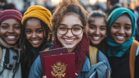 Group of diverse students holding passports, ready for international travel funded by service scholarships. Expanding horizons.の素材