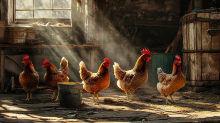Farm scene with chickens pecking at a food bucket, with natural light highlighting the scene. Simple rural life and animal care.の素材
