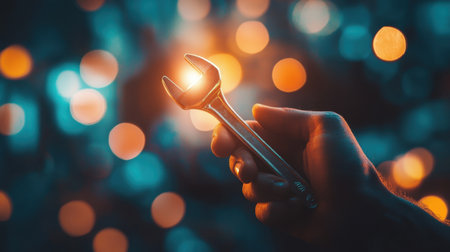 Hand holding a shiny wrench with warm light highlighting its purpose, blurred background representing hard work in a mechanical setting.の素材