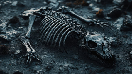 Skeletal remains of a fossilized creature in coal, revealing textures and layers of history in an ancient, untouched form.の素材