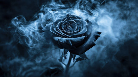 A captivating image of a black rose enveloped in blue smoke, evoking a sense of mystery and beauty, perfect for artistic and conceptual themes.の素材