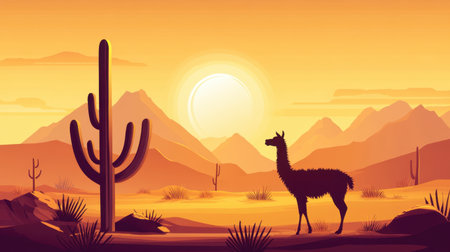 Peaceful llama next to cactus at sunset, golden light casting shadows in a beautiful desert landscape.の素材