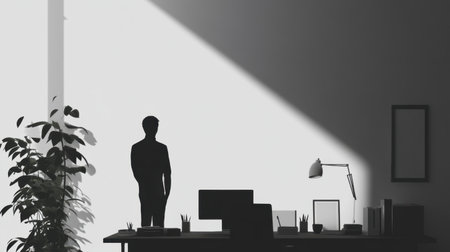 Minimalist, monochrome home office with a man standing, surrounded by simplistic decor. Clean and modern vibe.の素材