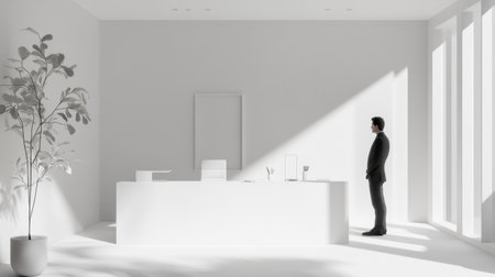 Monochrome setting with man standing by a desk in a minimalist home office. Stylish, uncluttered workspace.の素材