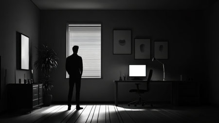 Monochrome home office scene with man standing, showcasing minimalist style and simple decor. Sleek and organized space.の素材