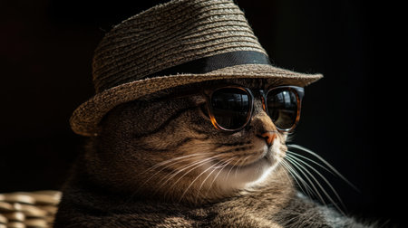 Portrait of a cat with a fedora and dark shades, portraying a gangster look. Bold pet photography style.の素材
