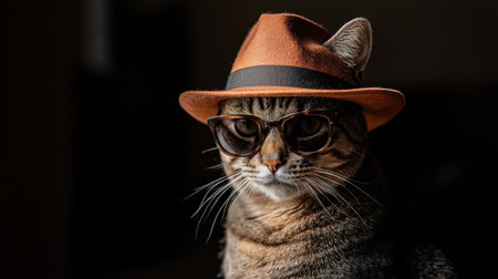 Portrait of a cat with a fedora and dark shades, portraying a gangster look. Bold pet photography style.の素材