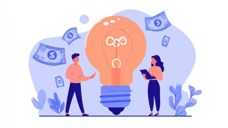 Partners brainstorming with lightbulb and dollar icon, showcasing idea generation for profitable ventures. Business and growth concept.の素材