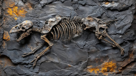 Skeletal remains of a fossilized creature in coal, revealing textures and layers of history in an ancient, untouched form.の素材