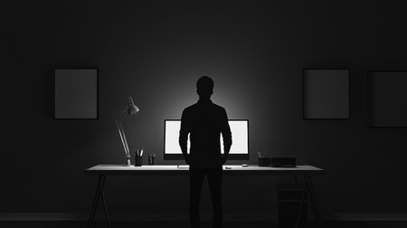 Monochrome home office scene with man standing, showcasing minimalist style and simple decor. Sleek and organized space.の素材