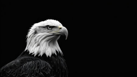 Powerful bald eagle with a white head, looking intently, detailed feathers in contrast with the black background.の素材