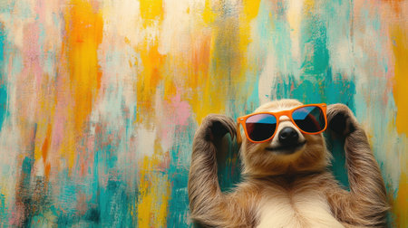 Sloth in sunglasses, relaxed and smiling on a multicolored backdrop, creating a whimsical and carefree mood.の素材