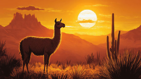 Llama with cactus and setting sun, warm desert tones in background, capturing a tranquil moment in nature.の素材