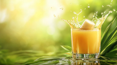 Sugarcane juice in a glass with splash effect, set on a lush green background. Invigorating and natural drink concept.の素材