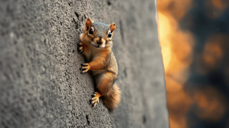 Squirrel perched on the edge of a wall, its curious gaze and stance capturing a moment of playful curiosity.の素材