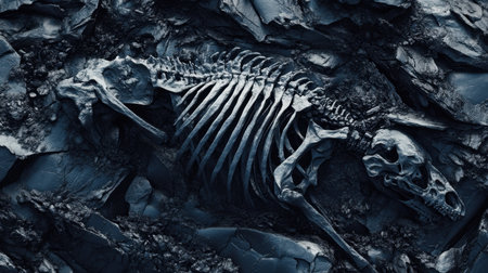 Skeletal remains of a fossilized creature in coal, revealing textures and layers of history in an ancient, untouched form.の素材