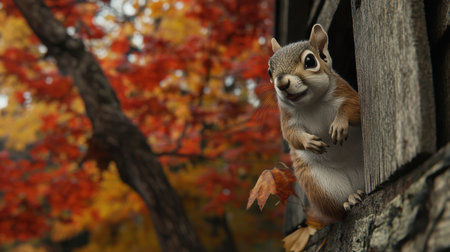 Squirrel perched on a wall, peering with curiosity, creating a delightful scene with its lively and watchful expression.の素材