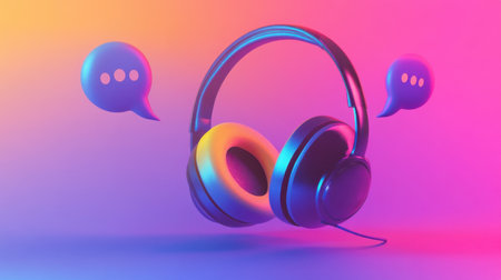 Vibrant headset with floating chat bubbles, representing customer support in abstract, minimalist style.の素材
