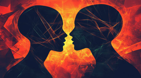 Two silhouettes in close conversation, abstract lines connecting their heads, symbolizing deep communication and connection. Modern, conceptual art style.の素材