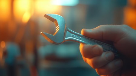 Shiny wrench held by steady hand, blurred workshop background with warm tones, symbolizing precision and determination in mechanical work.の素材