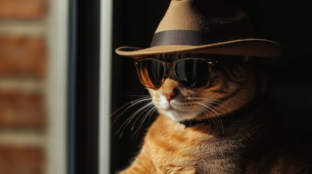 Portrait of a cat with a fedora and dark shades, portraying a gangster look. Bold pet photography style.の素材