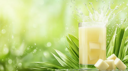 Sugarcane juice in a glass with splash effect, set on a lush green background. Invigorating and natural drink concept.の素材