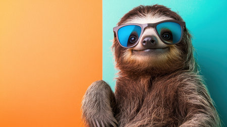 Sloth in sunglasses, relaxed and smiling on a multicolored backdrop, creating a whimsical and carefree mood.の素材