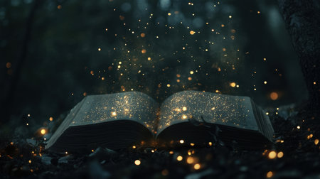 An open book rests in a tranquil forest, surrounded by sparkling particles that float through the air, creating a magical and serene atmosphere perfect for storytelling and imagination.の素材