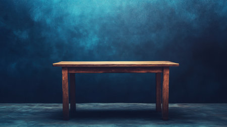 A rustic wooden table is set against a striking blue grunge background, perfect for showcasing furniture, still life compositions, or interior design projects.の素材