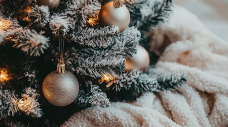 A beautifully decorated Christmas tree with silver ornaments surrounded by a soft blanket, creating a warm and festive atmosphere perfect for the holiday season.の素材
