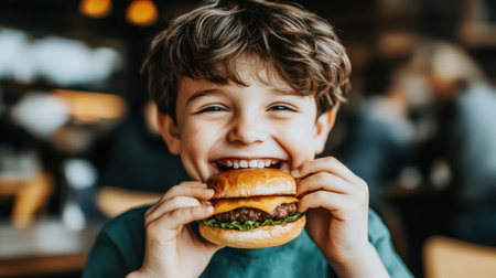 A joyful child relishing a hamburger in a lively restaurant, showcasing the bliss of simple pleasures through a warm smile and hearty laughter.の素材