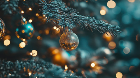 This enchanting image captures a close-up view of a gold Christmas ornament suspended from a frosted evergreen branch, surrounded by soft golden lights that create a warm holiday ambiance.の素材