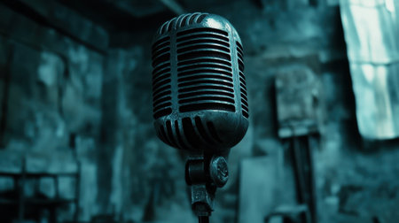 This close-up captures a vintage microphone in a grungy setting, highlighting the texture and character of classic audio equipment in an industrial space.の素材