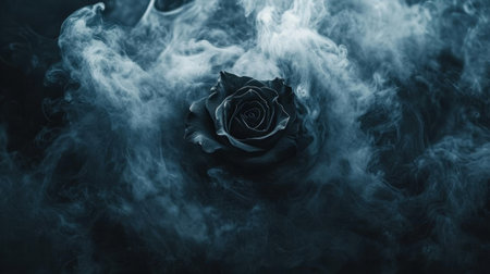 This captivating image features a dark rose enveloped in swirling smoke, creating an aura of mystery and beauty. The composition highlights delicate petals against a moody backdrop.の素材