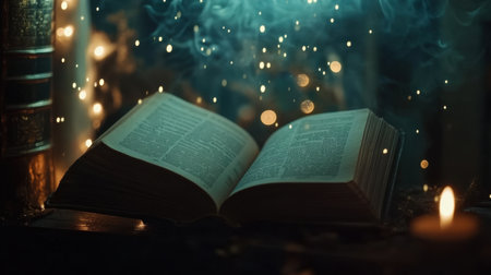 An enchanting open book bathed in soft light and surrounded by mystical smoke, creating a captivating atmosphere that inspires imagination and storytelling.の素材