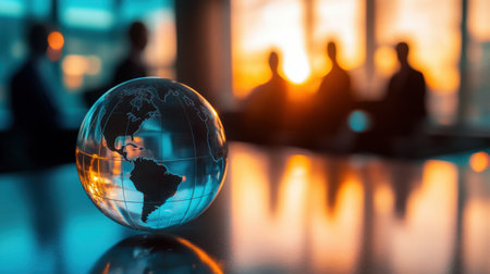 A visually striking glass globe symbolizes global business connections, showcased against a warm sunset and silhouettes of professionals in a contemporary office setting.の素材