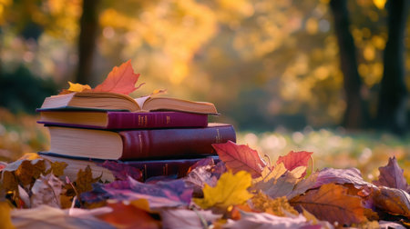 A serene autumn scene showcases a stack of vintage books surrounded by colorful fallen leaves, capturing the essence of a peaceful reading experience in nature.の素材