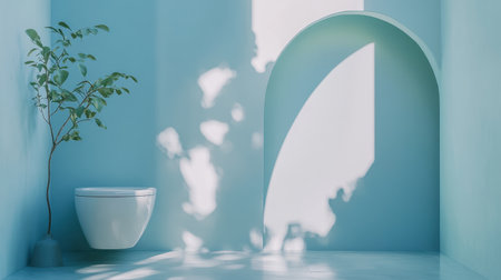 A serene bathroom featuring a stylish toilet against soft blue walls, illuminated by natural light that casts gentle shadows, enhancing the tranquility and modern appeal of the space.の素材