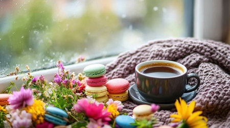 Experience a comforting scene with a cup of coffee, colorful macarons, and vibrant flowers by a window, creating a perfect ambiance for relaxation on a rainy day.の素材