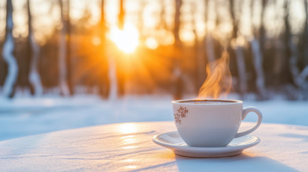 Enjoy a serene morning with a cup of steaming coffee set against a beautiful winter sunrise, showcasing the tranquil beauty of nature in a snowy forest setting.の素材
