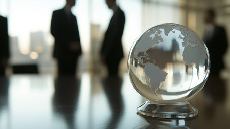 A crystal globe symbolizes global business presence in a modern office. Blurred figures of businessmen in suits suggest connection and international collaboration.の素材