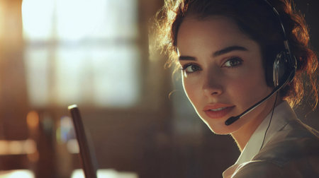 A focused customer service representative with a headset exudes professionalism and warmth in a bright indoor setting, ready to assist and engage her clients effectively.の素材